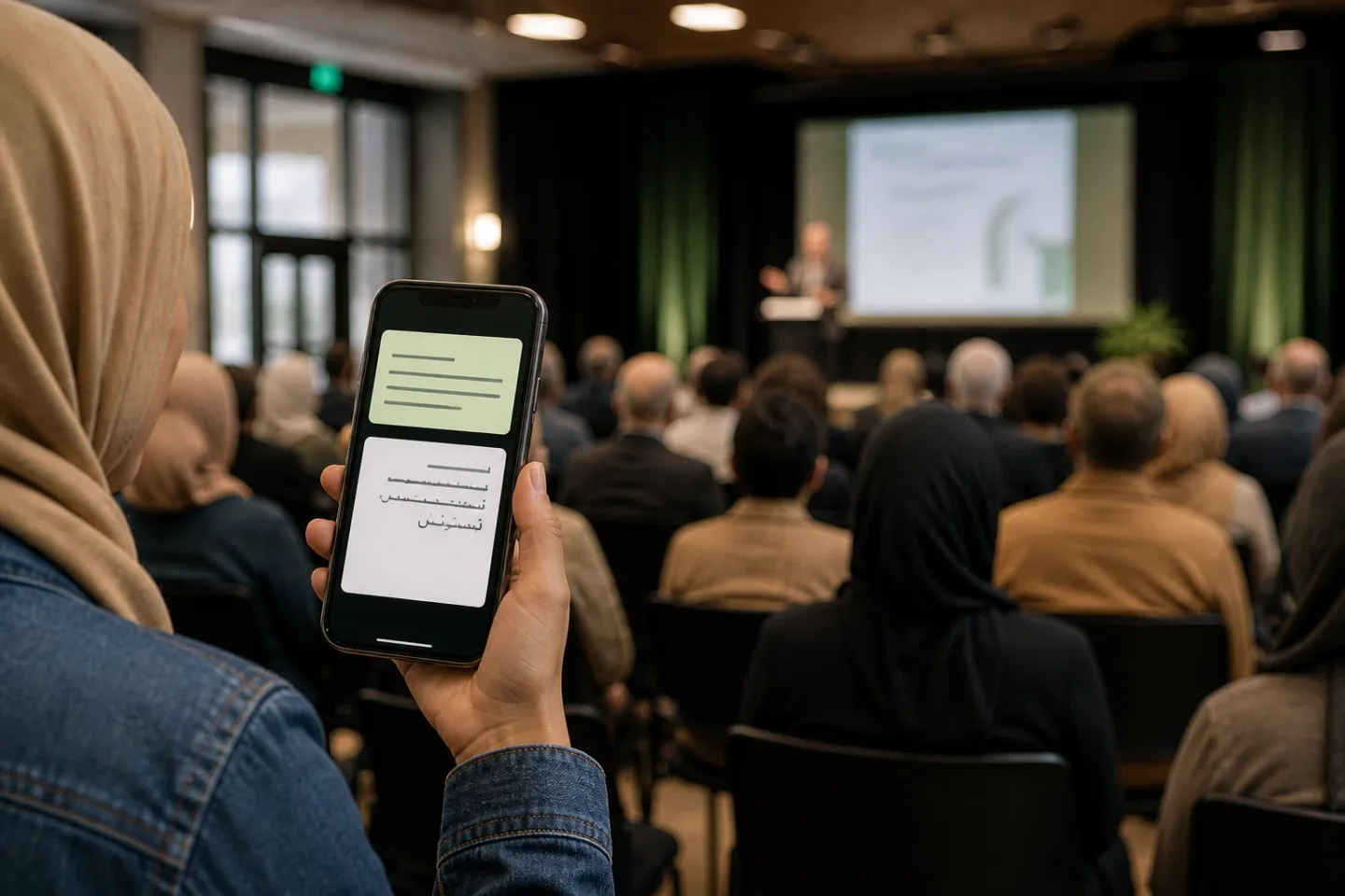 A listener using live captions during a community presentation
