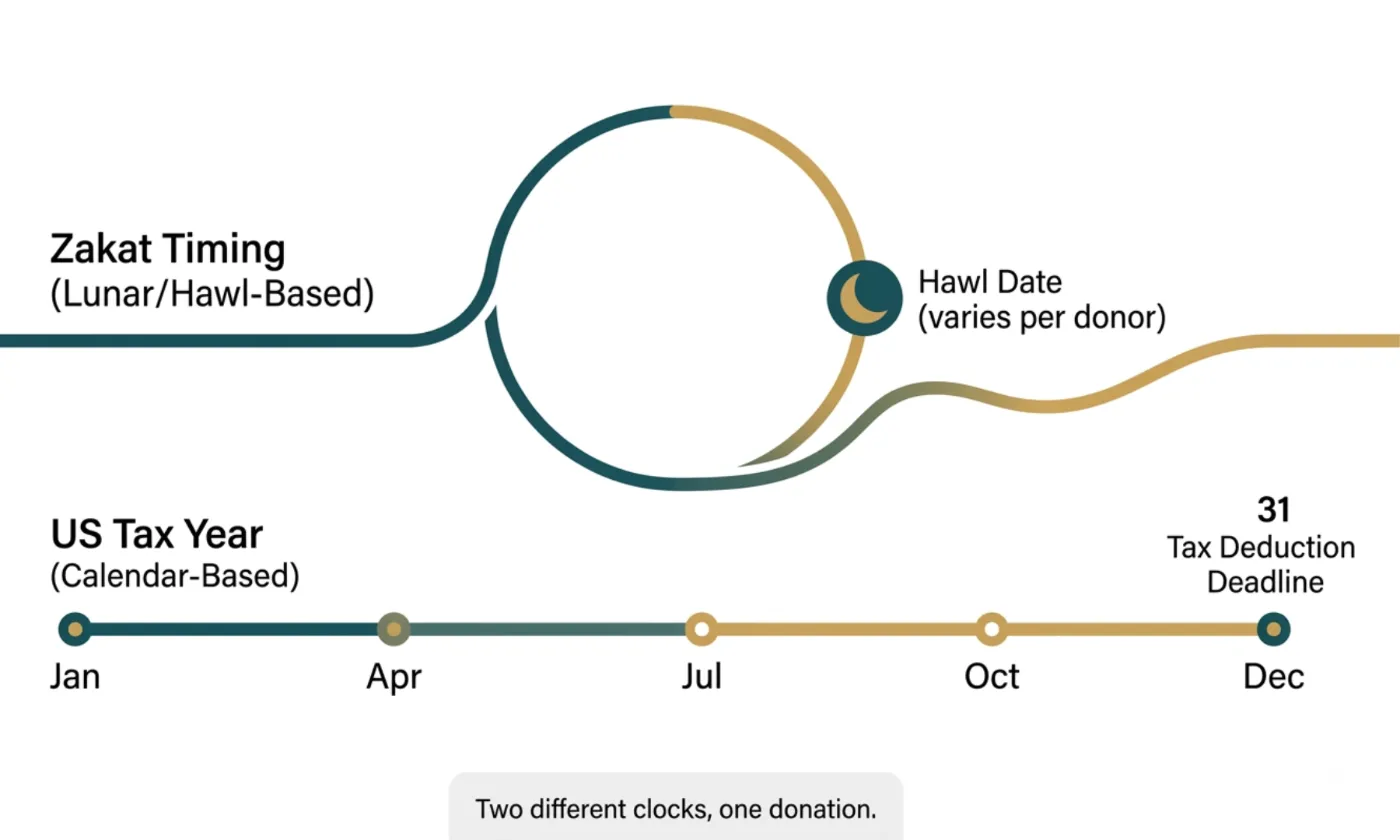 Diagram comparing zakat timing based on the lunar hawl cycle with the US calendar tax year and December 31 deduction deadline